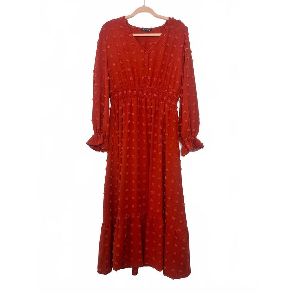 Fashion Women's Long Sleeve Fall Orange  Dress with Textured Dot Design XL